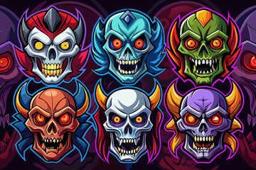 Vector illustration scary skulls icon set diverse monster character designs scalable graphic elements
