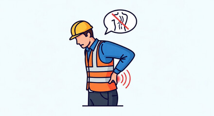 Fototapeta premium Construction worker in safety vest experiencing back pain with back injury warning symbol above him created with generated ai