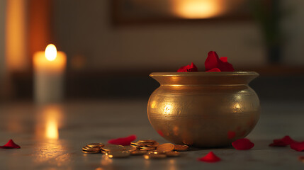 Still life with golden pot, coins, rose petals, and candlelight. A scene of wealth, romance, and relaxation conveyed through careful composition.