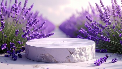 Marble podium amidst lavender field