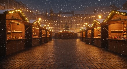 Fototapeta premium Christmas Market square, glowing wooden stalls under soft snowfall, golden string lights reflecting on cobblestones
