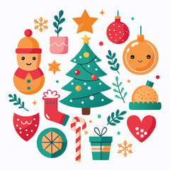 Vector art of a delightful collection of festive christmas icons arranged in a circular pattern, featuring a snowman, christmas tree, ornaments, candy cane, gift box, and snowflake