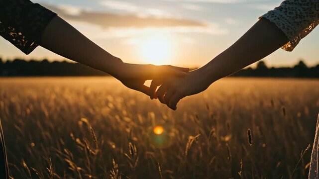 Hands Reaching Together During Sunset In A Tranquil Field Symbolizing Connection And Togetherness With Soft Glowing Light
