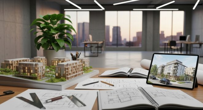 Modern Architecture Office with Building Models and Digital Tablet in Bright Urban Workspace