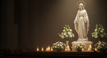 Feast of the Immaculate Conception, marble statue of Virgin Mary bathed in soft golden rays
