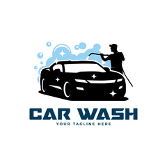 car wash logo design with vehicle silhouette and blue water bubbles