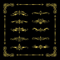 set of golden decorative ornamental borders and corner elements