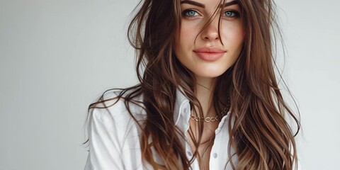 A young woman with beautiful long hair and an engaging smile, wearing a casual shirt, exuding confidence and charm.