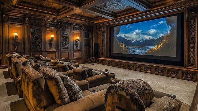 Opulent home theater with ornate wood paneling and plush seating arrangement