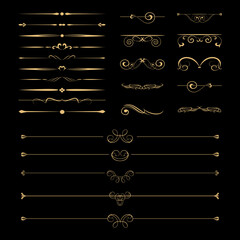 set of gold vintage divider lines and elegant decorative flourishes on a black background