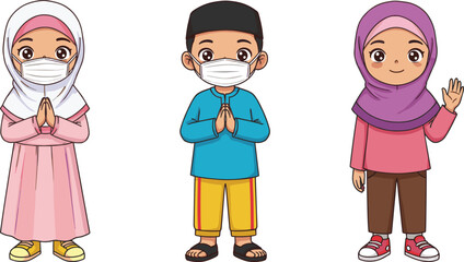 Cartoon Muslim kids wearing traditional clothes, face mask, hijab, Islamic children illustration, cultural greeting, Ramadan celebration, Eid festival concept art