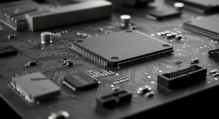 Close up of a modern black computer motherboard with integrated circuitry