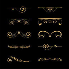 collection of golden decorative ornamental design elements and flourishes on black background