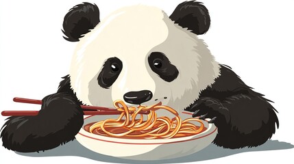 A cartoon panda, front view, happily slurping noodles from a bowl using chopsticks.  Its fur is meticulously detailed, showing black and white patches. The 
