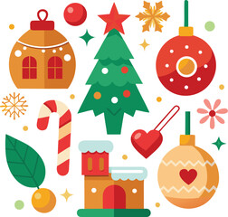 Vector art of a vibrant composition of christmas symbols including a gingerbread house, candy cane, christmas tree, heart ornament, and decorative baubles