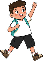 Happy cartoon schoolboy walking, waving hand, wearing backpack, white t-shirt, black shorts, smiling kid, cute character, vector illustration