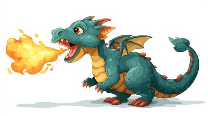 Obraz premium Cute turquoise cartoon dragon exhales large burst of fire