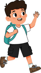 Smiling cartoon schoolboy walking, waving hand, wearing backpack, white shirt, black shorts, happy kid character, vector illustration, education