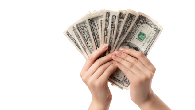 Hands holding a fan of US dollars (4)