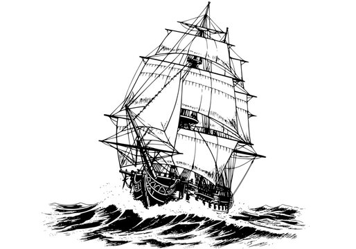 Vector art of vintage blackandwhite illustration of a classic tall sailing ship with multiple masts on rough seas