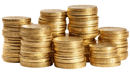 Stack of shiny gold coins arranged in tall pile with metallic surface reflecting wealth fortune and savings isolated on white background
