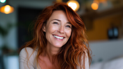 Obraz premium Smiling mature woman with red hair laughing at home, portrait of happy confident female enjoying life, natural beauty concept happy mature woman, redhead woman laughing, confident