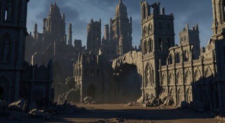Ancient Stone City Ruins with Towering Castles and Large Archway in Dramatic Lighting