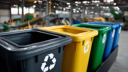 Industrial recycling station with labeled bins for different materials industrial recycling, labeled bins, waste sorting system, eco-friendly waste management, recycling factory, s