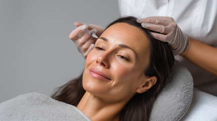 Naklejka premium Close-up of cosmetologist performing mesotherapy injection on female face, aesthetic anti-aging treatment mesotherapy injection, anti-aging treatment, cosmetic procedure, skincare