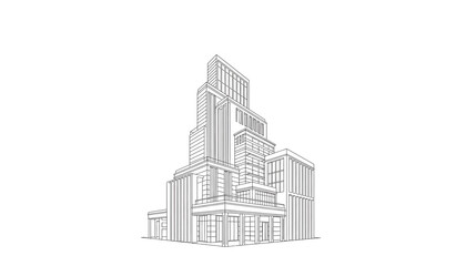 Fototapeta premium Architectural Line Drawing of a Modern High-Rise Building Isolated on White Background