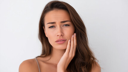 Concerned woman touching cheek with troubled expression, acne and skincare problem acne treatment, skincare problem, young woman face, beauty issues, skin blemishes, cosmetic care,