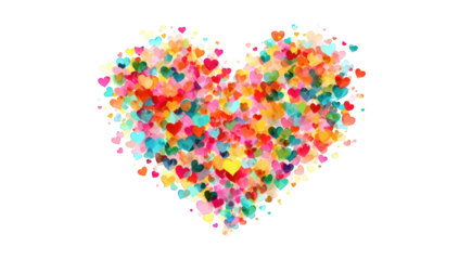 A vibrant heart shape filled with many small, colorful hearts