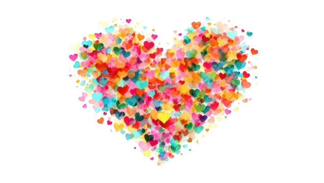 A vibrant heart shape filled with many small, colorful hearts