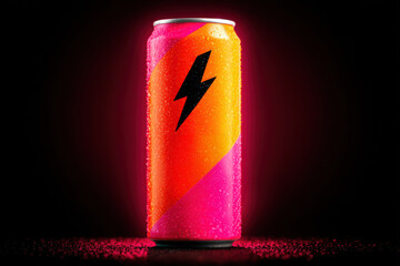 Refreshing energy drink can with lightning bolt symbol and water droplets for fitness and branding