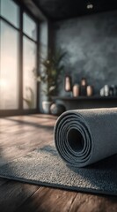 A rolled yoga mat rests on a textured floor in a modern, sunlit interior space.