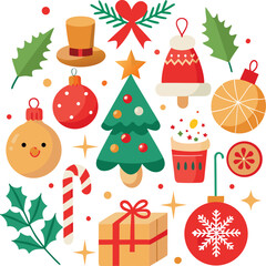 Fototapeta premium Vector art of a festive collection of christmas and holiday elements, including a decorated christmas tree, ornaments, gifts, candy canes, and holly, all isolated on a