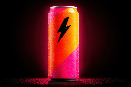 Refreshing energy drink can with lightning bolt symbol and water droplets for fitness and branding