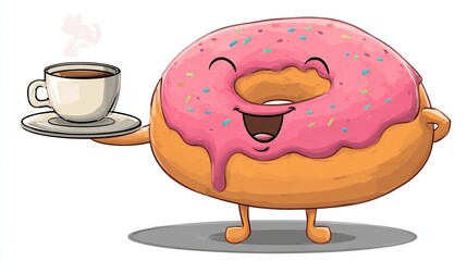 Cartoon donut character with pink frosting and sprinkles smiles, holding a coffee cup on a saucer