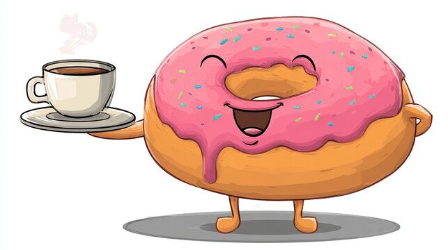 Cartoon donut character with pink frosting and sprinkles smiles, holding a coffee cup on a saucer - Powered by Adobe