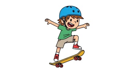 Fototapeta premium A cartoon boy with a blue helmet is skateboarding, smiling with arms outstretched for balance, on a white background.