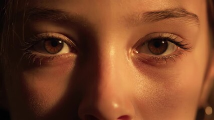 Close up of a young woman's face with eyes closed, bathed in warm, soft light, conveying peace and introspection during a moment of calm reflection