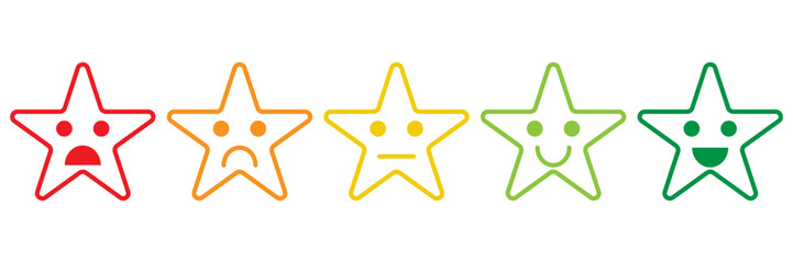 Customer feedback. Rating emoji set with stars. five star rating emoji icon set in black and colour. emoji feedback scale with star. rating emoji, icon, vector, rating, feedback, vector.