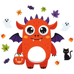 Adorable Red Dragon Monster Halloween Vector Set: Cute Cartoon Character Holding a Pumpkin Bucket Surrounded by Ghosts, Candy Corn, Black Cat, and Autumn Leaves for Holiday Graphics