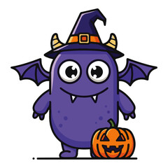 Cute Purple Monster with Witch Hat and Bat Wings Halloween Vector: Adorable Cartoon Creature Standing Next to a Jack-o'-Lantern Pumpkin for Spooky Holiday Designs and Party Graphics