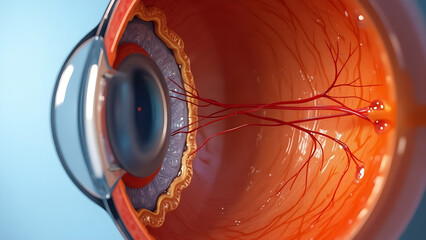 Microscopic image of aqueous humor in an eye with glaucoma. Focus on the aqueous humor-filled anterior chamber. 