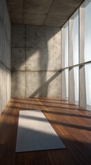 A minimalist yoga , featuring a light gray mat on a warm-toned wooden floor, bathed in natural light.