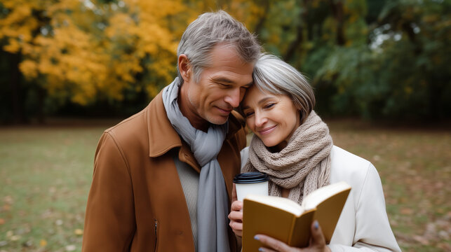 Mature couple spending quality time in the park, man reading from an old book, woman smiling with coffee cup, warm relationship, healthy and joyful senior life. mature couple, qual
