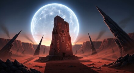 Futuristic Alien Landscape with Monolith and Bright Moonlit Sky