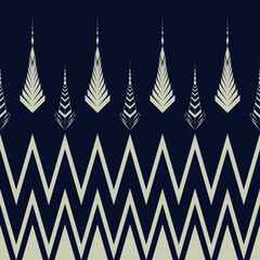 Abstract seamless tribal geometric pattern with zigzag lines and arrow motifs in dark blue and beige. Perfect for textile, wallpaper, wrapping paper, and digital design.