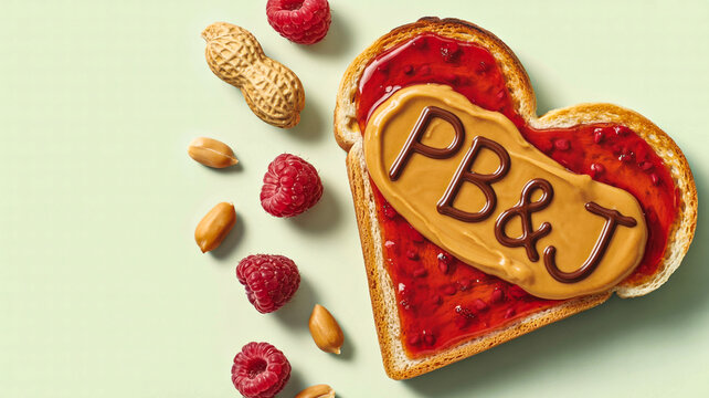 Heart shaped peanut butter and jelly sandwich with fruit